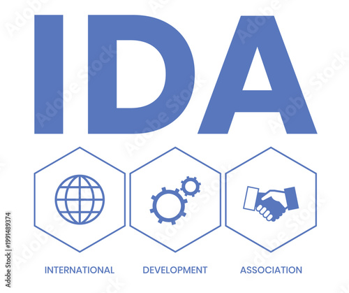 IDA, INTERNATIONAL DEVELOPMENT ASSOCIATION acronym. Concept with keyword and icons. Flat vector illustration. Isolated on white.