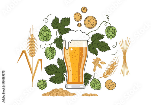 A refreshing glass of golden beer surrounded by brewing ingredients.
