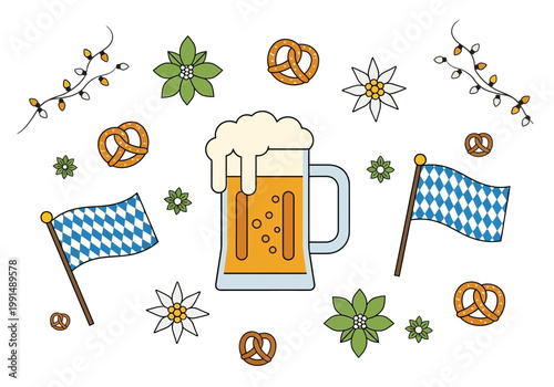 Oktoberfest Beer Mug with Bavarian Flags and Pretzels.