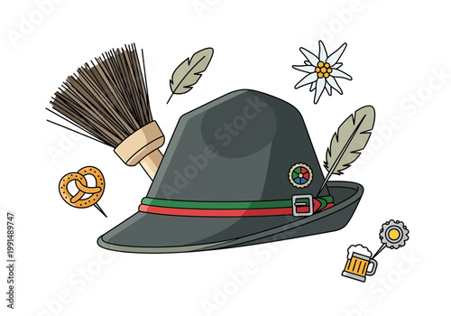 Traditional Bavarian Hat with Feather and Emblems.