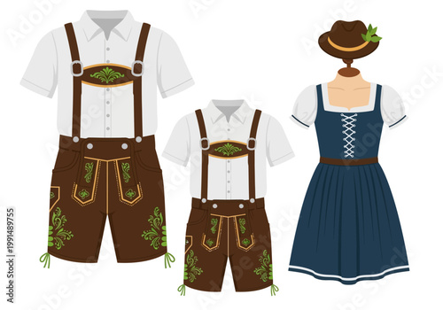 Traditional Bavarian Lederhosen and Dirndl Outfits for Oktoberfest Celebration.
