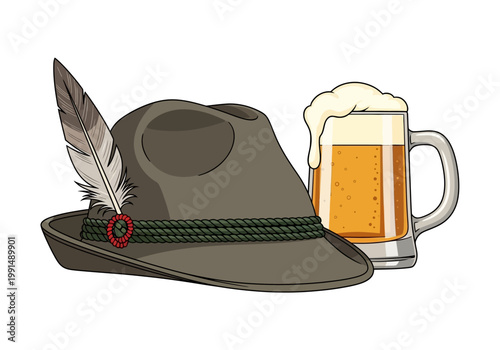 Traditional Bavarian Hat and Beer Mug Illustration.