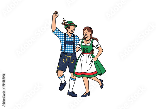Couple Dancing in Traditional Bavarian Lederhosen and Dirndl Outfits.