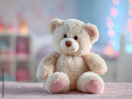 Teddy bear sits on a soft surface in a cozy room with colorful lights in the background during evening hours
