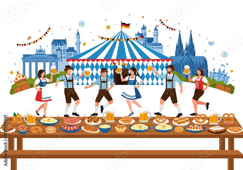 People in traditional German clothing celebrating Oktoberfest with food and drinks.