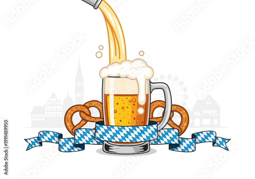 Beer Mug Filled With Golden Beer and Pretzels.