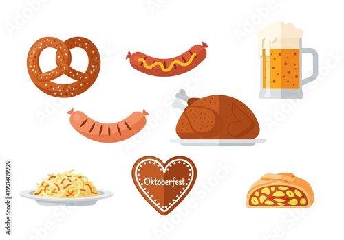 Oktoberfest food and drink collection with pretzel roast chicken and beer.