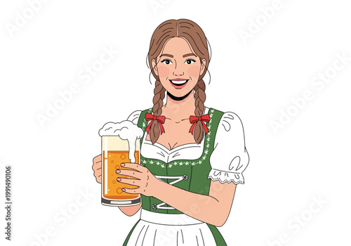 Young woman in traditional German dress holding a large glass of beer.