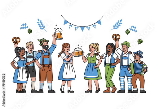Diverse group of people celebrating Oktoberfest with beer and pretzels.