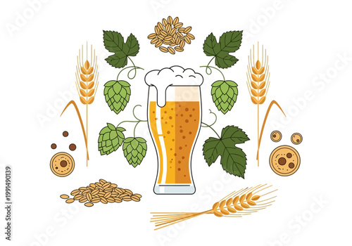 A refreshing glass of beer surrounded by brewing ingredients.