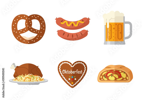 Oktoberfest food and drink collection with pretzel beer sausages and cake.