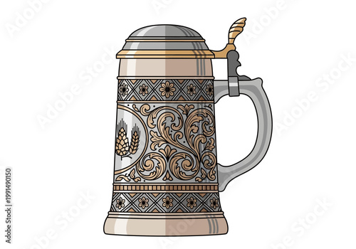 Ornate German Beer Stein with Lid and Handle.