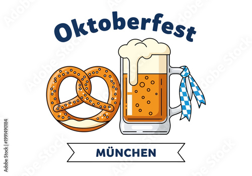 Oktoberfest Beer Mug and Pretzel Illustration.