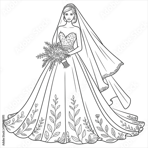 Black and white line of a bride holding a floral bouquet
