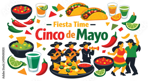 Cinco de mayo fiesta time illustration with traditional Mexican food like tacos, guacamole, salsa, and nachos. Mariachi band plays music alongside dancing couple. 