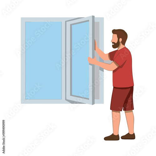 Man opening large window with blue glass panels indoors