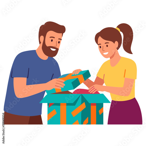 Man and woman unpacking gifts from a colorful box indoors together