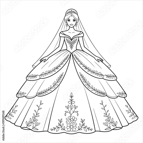 Black and white line of a bride in a ball gown wedding dress