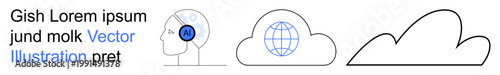 AI development, cloud storage, global network, knowledge sharing, technological growth, data transfer. ion of a head with AI, globe and cloud icons. AI development and cloud storage concept