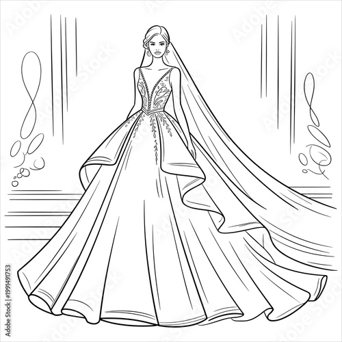 Black and white line of a bride in a ballgown wedding dress