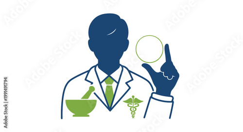 Illustration of pharmacist holding a green pill wearing lab coat with mortar and pestle and caduceus symbol on white background