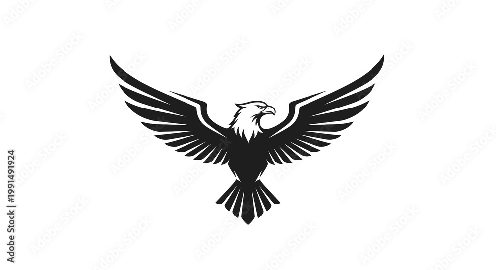 Fototapeta premium Majestic bald eagle soars with outstretched wings in bold vector art style; powerful monochrome design for freedom and strength theme
