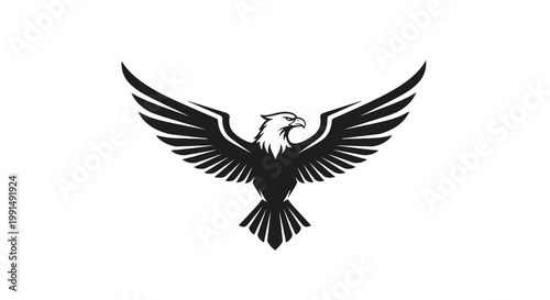 Majestic bald eagle soars with outstretched wings in bold vector art style; powerful monochrome design for freedom and strength theme