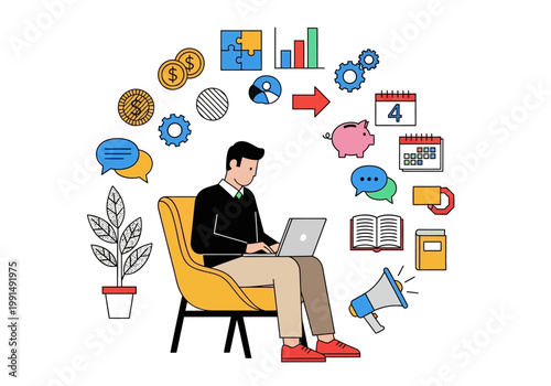 Businessman Working on Laptop with Multitasking Business Icons for Project Management and Remote Work Concept