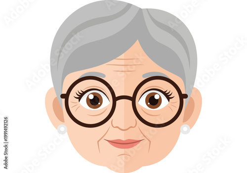Friendly Senior Woman Face with Grey Hair and Round Glasses - Flat Vector Illustration of a Grandmother Portrait Isolated on White