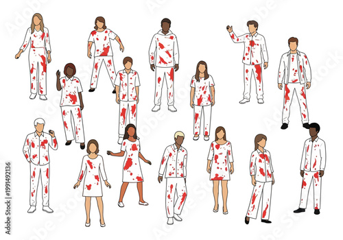 Group of Diverse People Dressed in Bloody White Outfits.