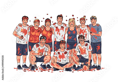 Diverse group of friends covered in paint after a fun game.