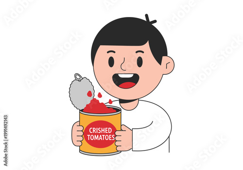 Boy happily holding an open can of crushed tomatoes.