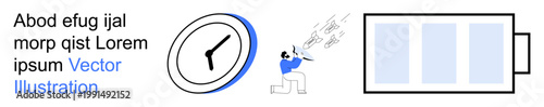 Time management, creativity, energy conservation, productivity, abstract art, efficiency. Clock and battery symbols with a figure blowing musical notes. Time management and creativity