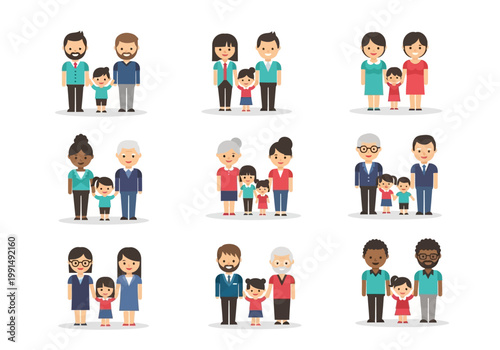 Set of Diverse Family Icons Featuring Same-Sex Couples, Multiracial Parents, Single Parents, and Elderly Families in Flat Vector Cartoon Style