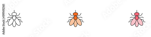 Fly insect icon set. Housefly symbols for nature and pest control. Vector illustrations of buzzing fly for biology, sanitation hygiene and environmental science.