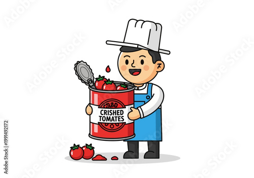 Chef holding a can of crushed tomatoes.