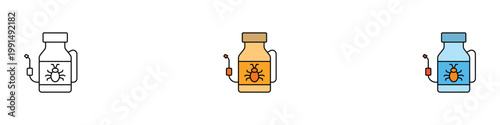 Pest control icon set. Bug spray and insecticide symbols for home hygiene. Vector illustrations of chemical sprayer bottle for extermination of cockroaches, ants and garden pests.