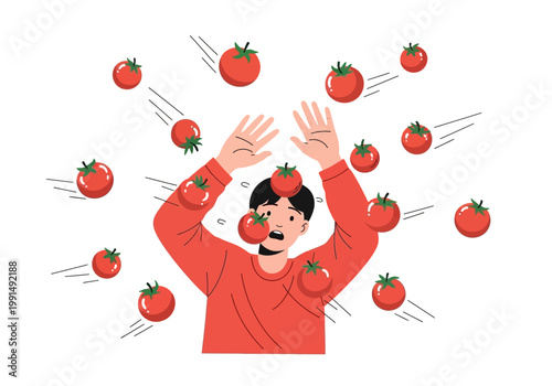Man overwhelmed by falling tomatoes in a chaotic scene.