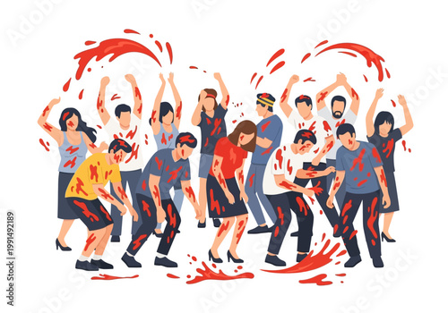 Group of zombies attacking and covered in blood.