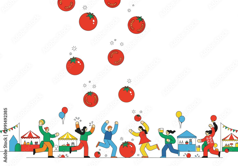 Fototapeta premium People enjoying a tomato throwing festival with food stalls and balloons.