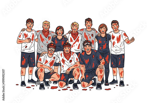 Group of friends dressed as zombies for Halloween party.