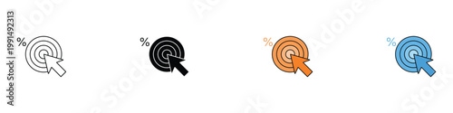 Pay per click icon set. Target audience and digital marketing symbols. Vector illustrations of cursor arrow on bullseye with percentage for PPC advertising, conversion rate and online sales.