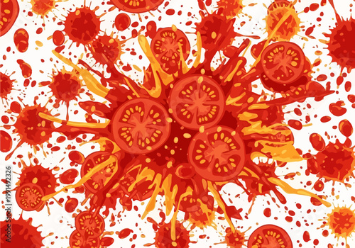 Explosion of Sliced Tomatoes and Red Splatter.