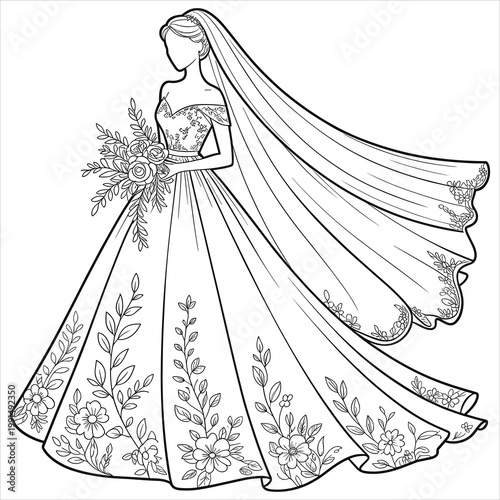 Black and white line of a bride in a floral wedding dress with veil