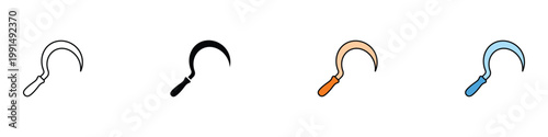 Sickle icon set. Harvesting tool and agriculture symbols for farming. Vector illustrations of hand scythe for garden work, traditional harvesting and rural farm equipment.