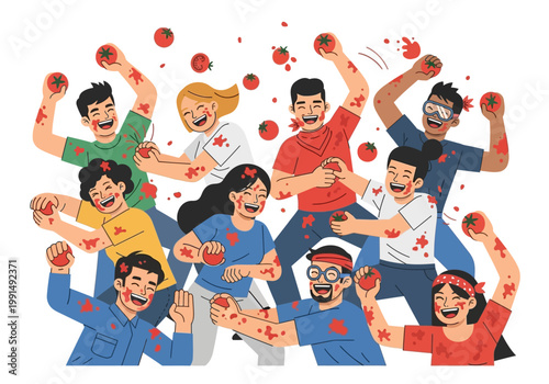 Group of happy people throwing tomatoes at each other in a fun food fight.