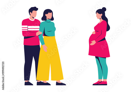 Surrogacy Concept Illustration Featuring a Couple Meeting a Pregnant Surrogate Mother or Birth Parent for Adoption and Family Planning