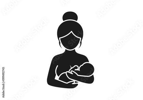 Mother Breastfeeding Baby Silhouette Icon - Nursing Mother and Newborn Infant Graphic for Maternity Care and Healthcare - Isolated Black and White Vector Illustration