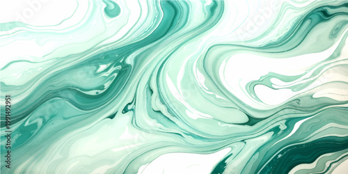 Abstract fluid art painting in emerald green and white tones for backdrop.