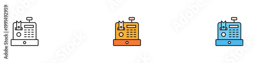Cash register icon set. Billing machine symbols for retail shop and checkout counter. Vector illustrations of vintage and modern payment terminal for commerce, banking and financial transactions.
